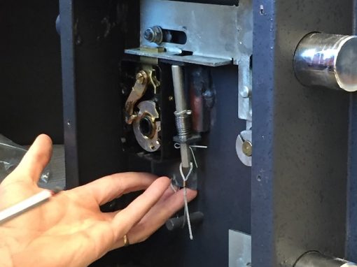 A safe opened and being worked on by a Montgomery Texas locksmith